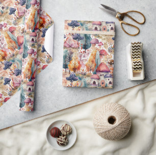 Papier Cadeau Forêt de champignons colorés I Conte de fées enfan