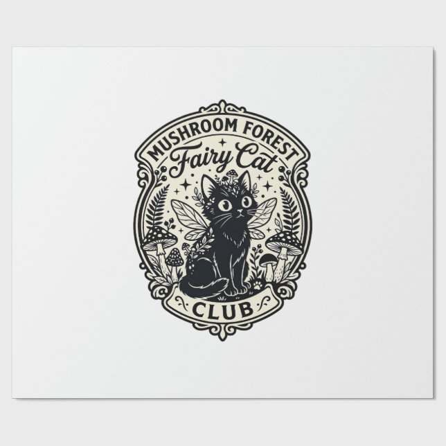Papier Cadeau Forêt de champignons Fée Chat Drôle Chat Graphique (Plat)