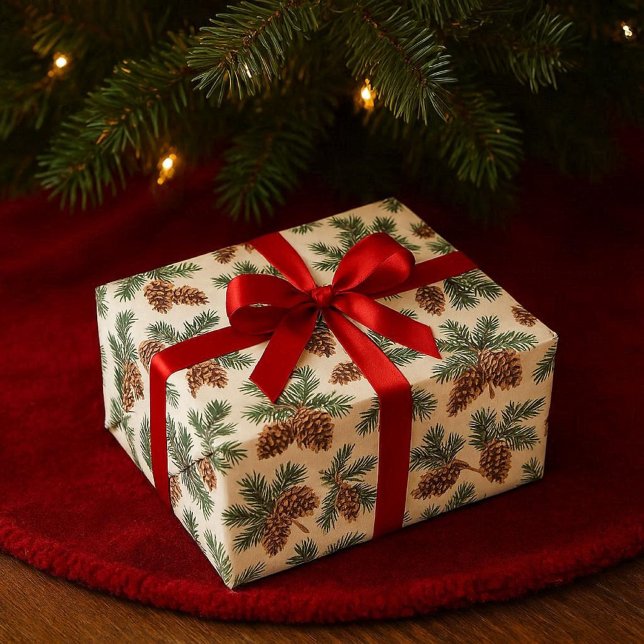 Papier Cadeau Forêt de cônes de pin et de verdure persistante  (A nature inspired wrapping paper. Evergreen and pinecone pattern on white. For Christmas and Winter )