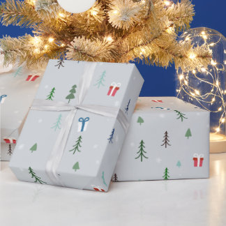 Papier Cadeau Forêt de Noël avec cadeaux et arbres et neige