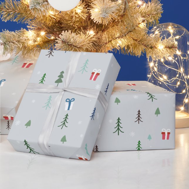 Papier Cadeau Forêt de Noël avec cadeaux et arbres et neige (Vacances)