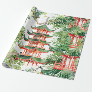 Papier Cadeau Forêt de pagode rêveuse aquarelle sage