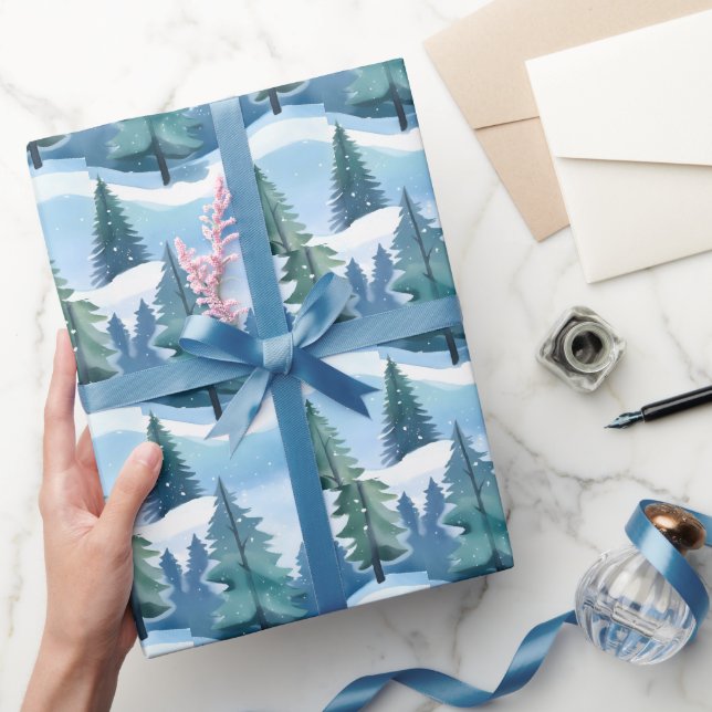 Papier Cadeau Forêt de pins enneigée | Aquarelle d'hiver (Cadeaux)
