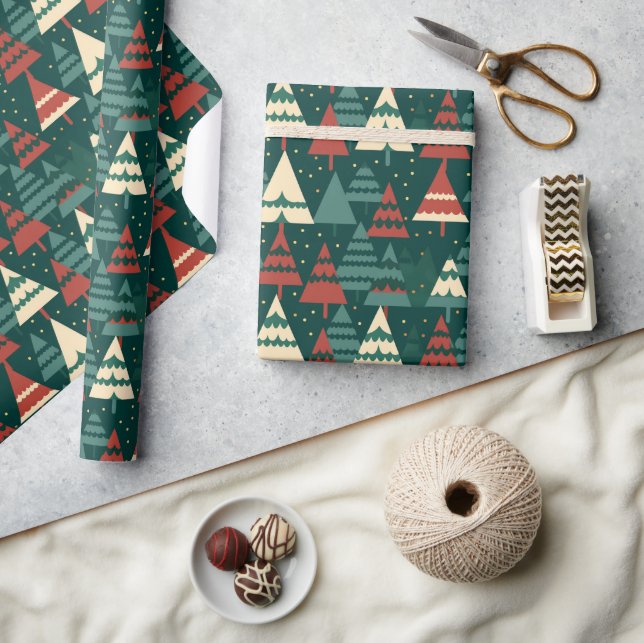 Papier Cadeau Forêt de sapins de Noël rouges verts Cadeau (Artisanat)