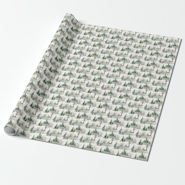 Papier Cadeau Forêt d'hiver : Flou vert à main (Déroulé)
