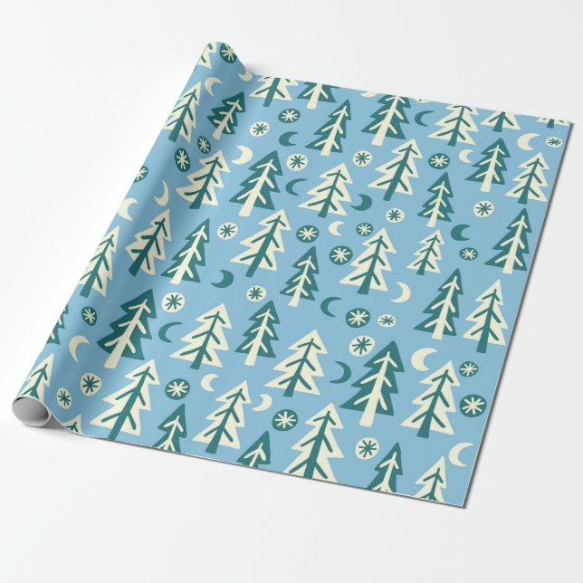 Papier Cadeau Forêt d'hiver Pins Lune Étoiles Vacances (Déroulé)