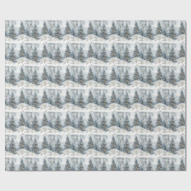 Papier Cadeau Forêt Enneigée avec Lumières Dorées (Plat)
