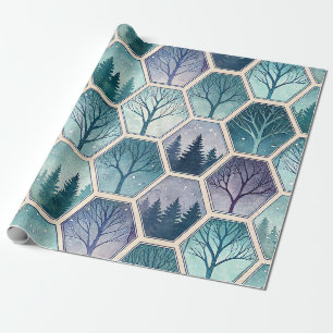 Papier Cadeau Forêt géométrique d'hiver – Arbres en hexagone