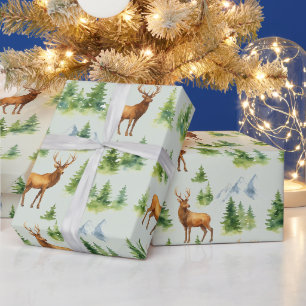 Papier Cadeau Forêt hivernale à l'aquarelle - Cerfs et arbres en