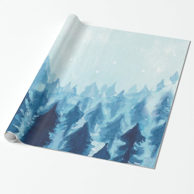 Papier Cadeau Forêt hivernale, Bois enneigé bleu (Déroulé)