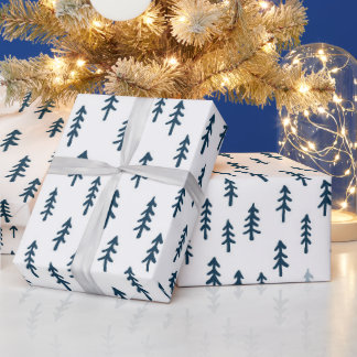 Papier Cadeau Forêt hivernale simple aux tons bleus avec des pin
