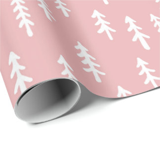 Papier Cadeau Forêt hivernale simple de pins en blanc sur rose