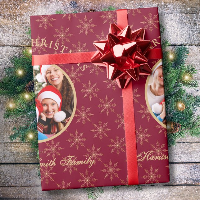 Papier Cadeau Forêt Propre Bourgogne Flocons de Neige Dorés Noël (Créateur téléchargé)