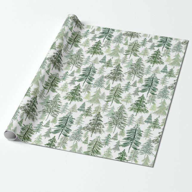 Papier Cadeau Forêt rustique d'arbres de Noël à Sage Green (Déroulé)