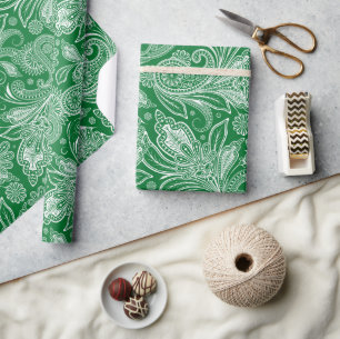 Papier Cadeau Forêt Vert Et Blanc Vintage Paisley
