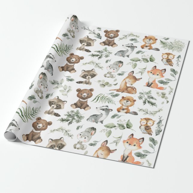 Papier Cadeau Forêt Whimsical Animaux Forêt Sage Verdure (Déroulé)