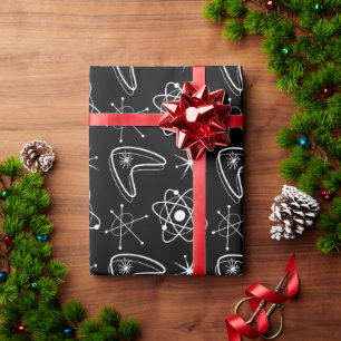Papier Cadeau Formes Atomiques Noël Moderne MidCentury MCM Noir