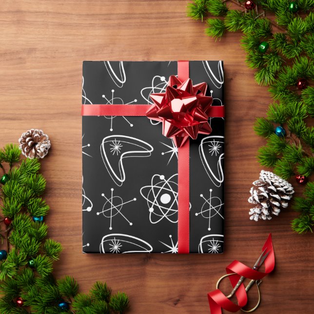 Papier Cadeau Formes Atomiques Noël Moderne MidCentury MCM Noir (Cadeau de vacances)