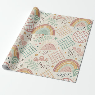 Papier Cadeau Formes Rétro et Textures Pointillées en Pastel Ter