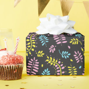 Papier Cadeau Fougères abstraites-jaune, rose et bleu sur gris f