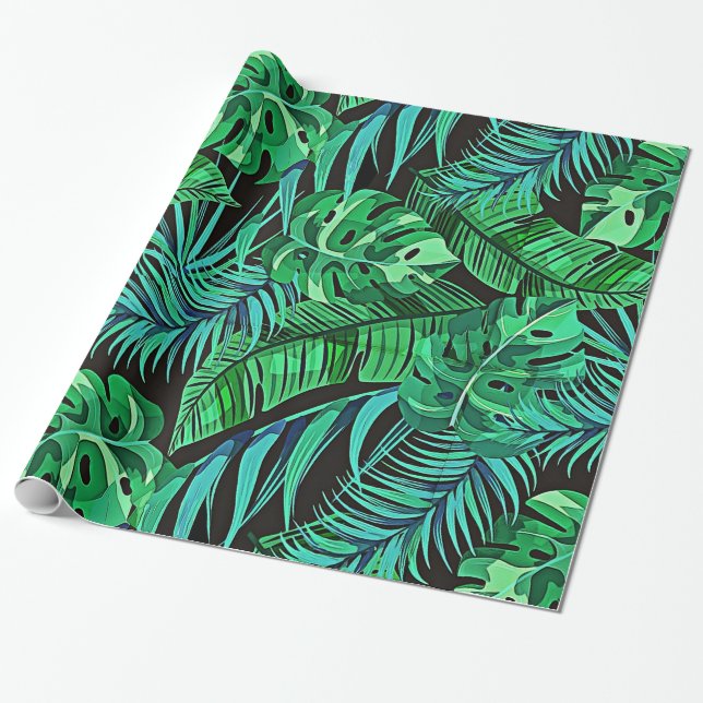 Papier Cadeau Fougères bleues et vertes et feuille tropical (Déroulé)