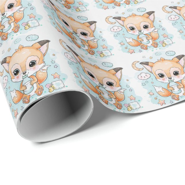 Papier Cadeau Fox Cute Baby Pastel Motif d'aquarelle (Coin rond)