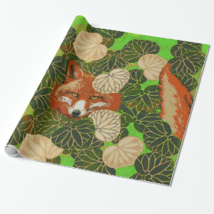 PAPIER CADEAU FOX ROUGE PARMI LES FEUILLES VERTS ET LE FOLIAGE