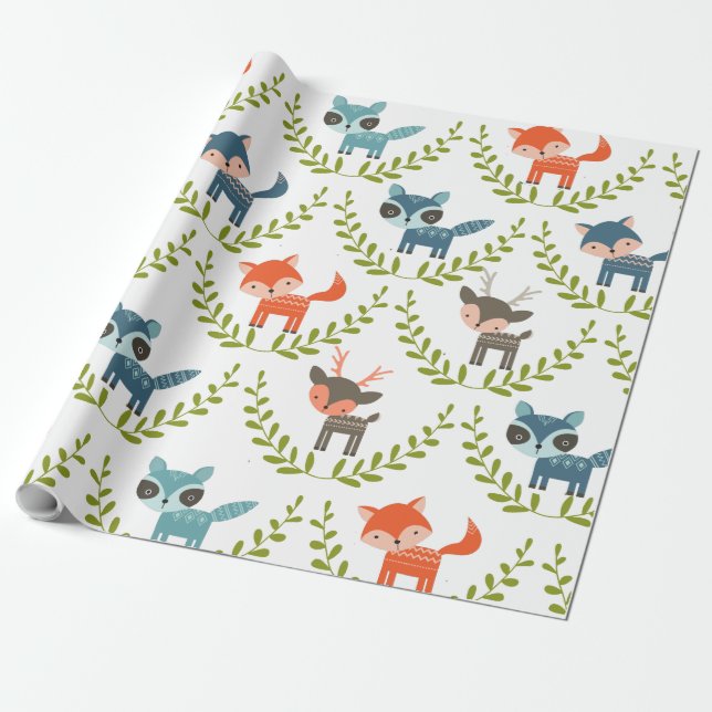 Papier Cadeau Foxes Et Cerfs Mignons Sur La Couronne Verte (Déroulé)