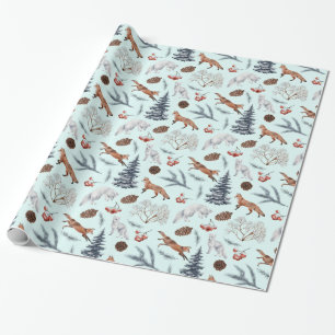 Papier Cadeau Foxes et feuillage de Noël