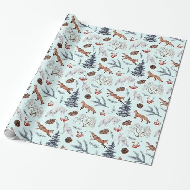 Papier Cadeau Foxes et feuillage de Noël (Déroulé)
