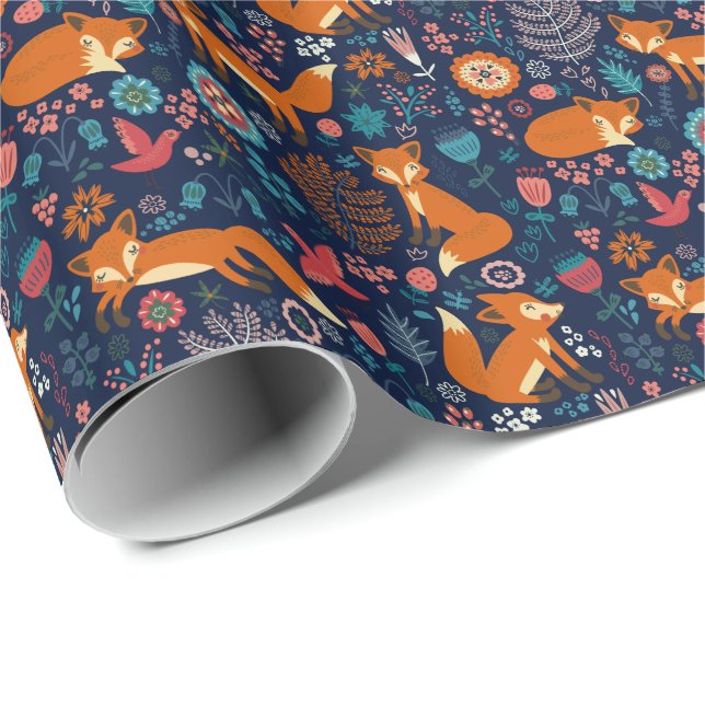 Papier Cadeau Foxes mignons Oiseaux et fleurs Motif (Coin rond)