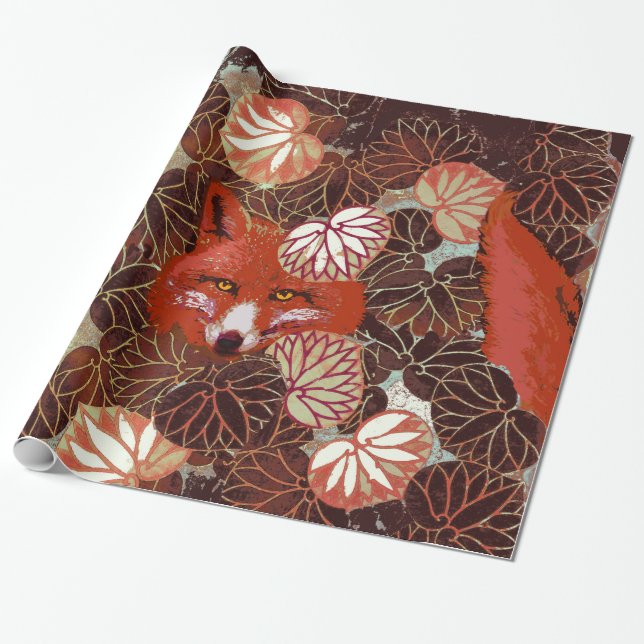 PAPIER CADEAU FOXES ROUGES PARMI LES FEUILLES BLANCS ET LE FOLIA (Déroulé)