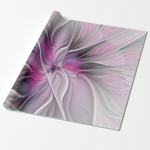 Papier Cadeau Fractal Floral Moderne Abstrait Fleur Rose Gris