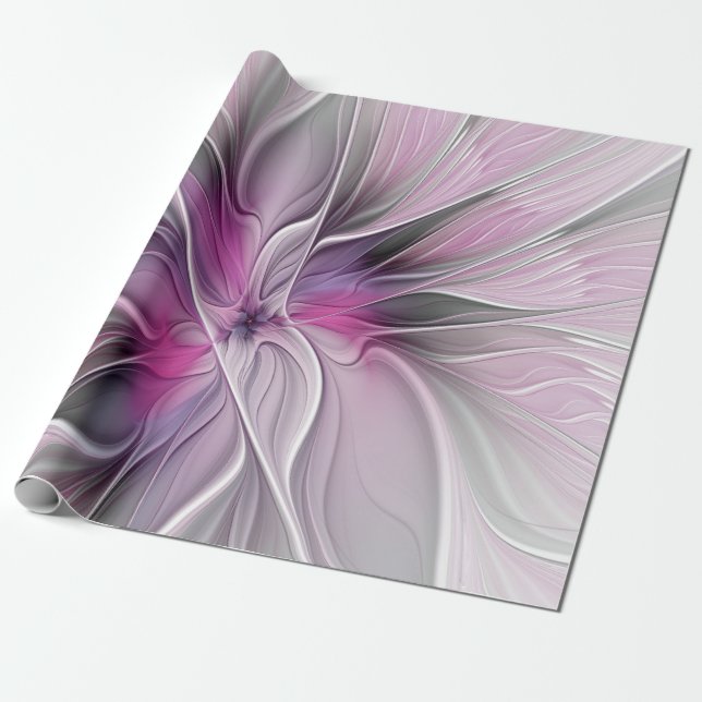 Papier Cadeau Fractal Floral Moderne Abstrait Fleur Rose Gris (Déroulé)