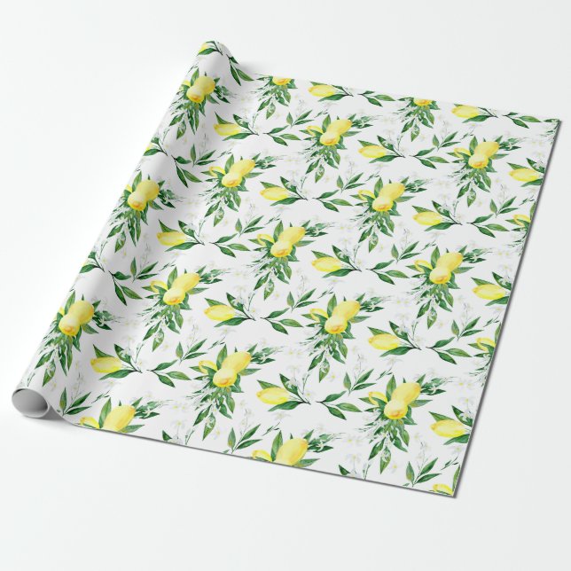 Papier Cadeau Fraîches citrons Vert Fleur Aquarelle (Déroulé)