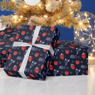 Papier Cadeau Fraise, Huckleberry, Mûre sur Bleu Marine