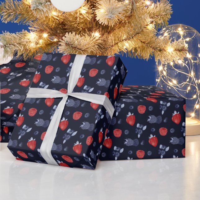 Papier Cadeau Fraise, Huckleberry, Mûre sur Bleu Marine (Vacances)