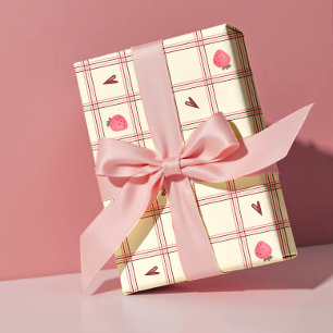 Papier Cadeau Fraises à l'aquarelle sur carreaux rose – Saint-Va