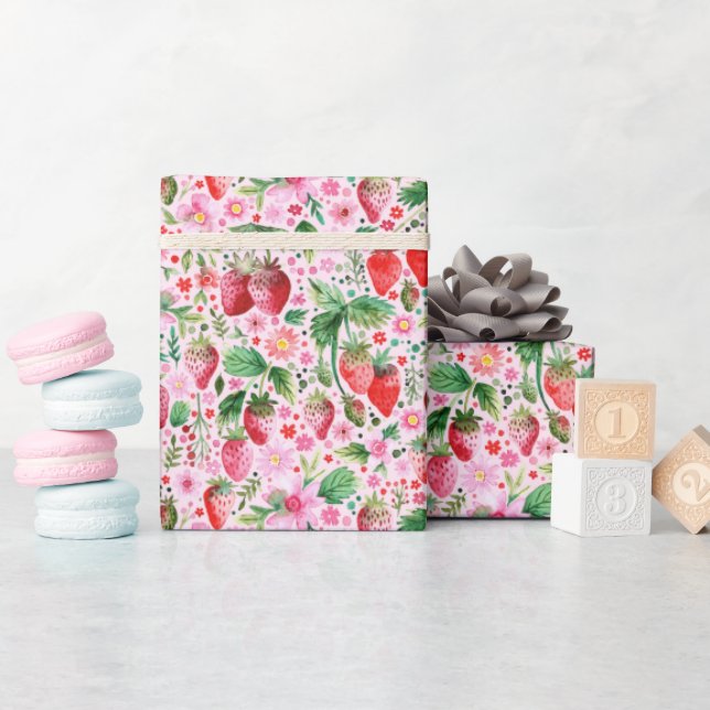 Papier Cadeau Fraises aquarelle et fleurs roses (Baby Shower)
