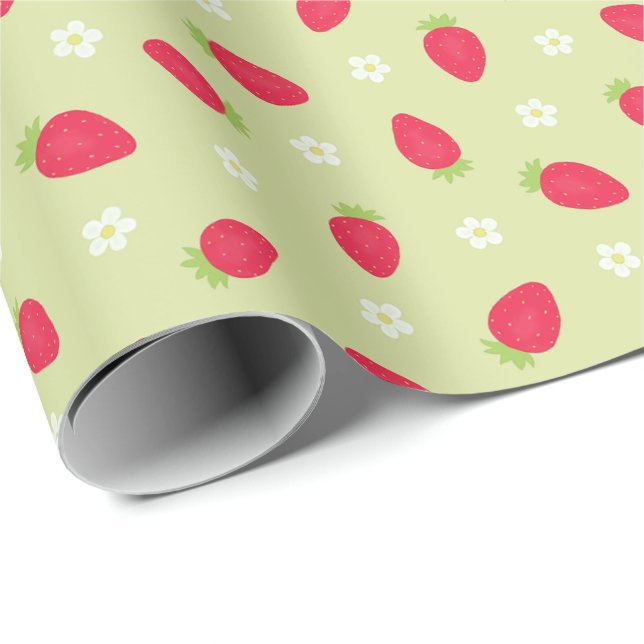 Papier Cadeau Fraises d'été sur fond vert (grande échelle) (Coin rond)