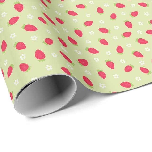 Papier Cadeau Fraises d'été sur fond vert (petite échelle) (Coin rond)
