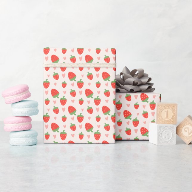 Papier Cadeau Fraises et Coeurs sucrés (Baby Shower)