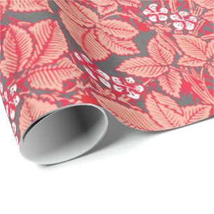 Papier Cadeau Fraises et Feuilles Art Nouveau, Coral Orange