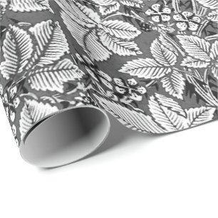 Papier Cadeau Fraises et Feuilles Art Nouveau, Gris & Blanc