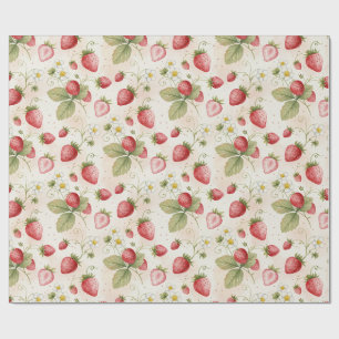 Papier Cadeau Fraises, feuilles et fleurs à l'aquarelle