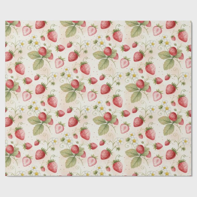 Papier Cadeau Fraises, feuilles et fleurs à l'aquarelle  (Plat)