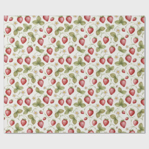 Papier Cadeau Fraises, fleurs et feuilles à l'aquarelle