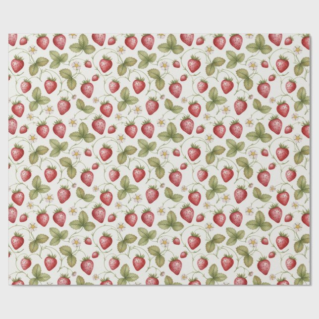 Papier Cadeau Fraises, fleurs et feuilles à l'aquarelle (Plat)