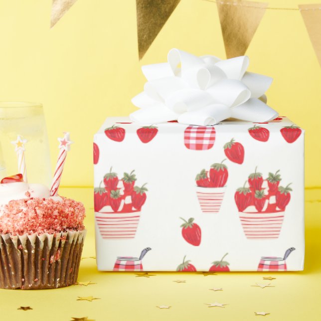 Papier Cadeau Fraises fraîches et crème à motif cadeau (Fête d'anniversaire)