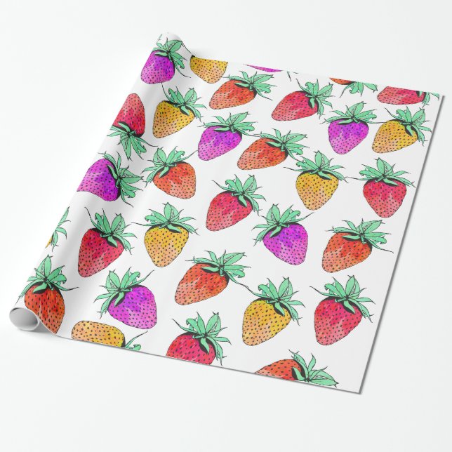 Papier Cadeau Fraises fruitées d'aquarelle colorée lumineuse (Déroulé)